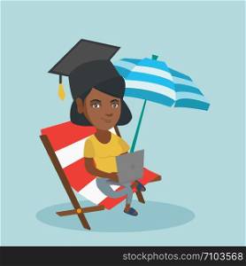 African graduate lying in chaise longue under beach umbrella. Young graduate in graduation cap working on a laptop on the beach. Online education concept. Vector cartoon illustration. Square layout.. Graduate lying in chaise lounge with a laptop.