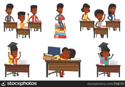 African graduate sitting at the table with laptop and diploma. Graduate using laptop for education. Online graduation concept. Set of vector flat design illustrations isolated on white background.. Vector set of student characters.