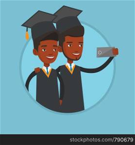 African graduates making selfie. Graduates in cloaks and graduation caps making selfie. Graduates making selfie with cellphone. Vector flat design illustration in the circle isolated on background.. Graduates making selfie vector illustration.
