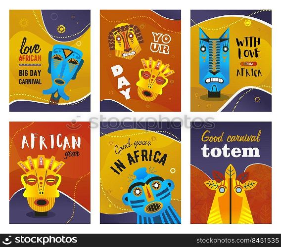 African greeting cards set. Ethnic tribal masks, traditional totem vector illustrations with text. Creative design for carnival flyers or ethnic party invitation cards