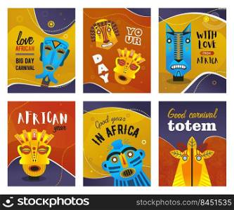 African greeting cards set. Ethnic tribal masks, traditional totem vector illustrations with text. Creative design for carnival flyers or ethnic party invitation cards