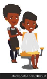 African hairdresser cutting hair of young woman in beauty saloon. Hairdresser making haircut to a client with scissors in beauty saloon. Vector flat design illustration isolated on white background.. Hairdresser making haircut to young woman.