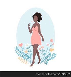 African happy girl flat color vector faceless character. Woman with flower. Positive attitude. Beauty and self acceptance. Self love isolated cartoon illustration for web graphic design and animation. African happy girl flat color vector faceless character