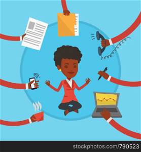 African hard working business woman. Business woman surrounded by many hands that give her a lot of work. Concept of hard working. Vector flat design illustration in the circle isolated on background.. Business woman meditating in lotus position.