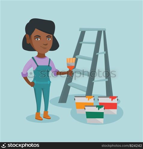 African house painter holding a paintbrush. House painter with a paintbrush in hand standing near step-ladder and paint cans. Concept of house renovation. Vector cartoon illustration. Square layout.. Young african-american painter with a paint brush.