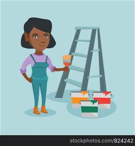 African house painter holding a paintbrush. House painter with a paintbrush in hand standing near step-ladder and paint cans. Concept of house renovation. Vector cartoon illustration. Square layout.. Young african-american painter with a paint brush.