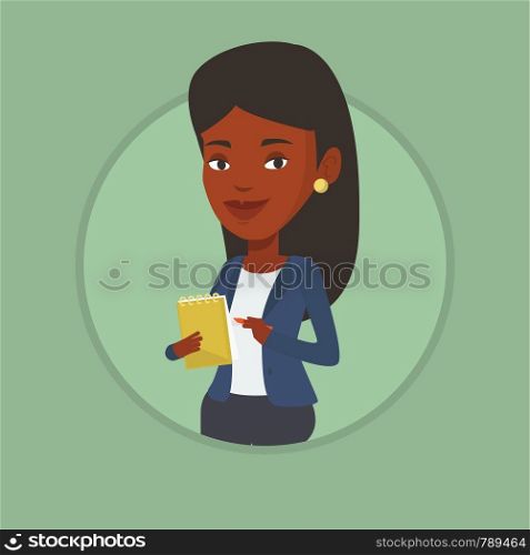 African journalist writing notes in notepad. Journalist writing in notebook with pencil. Journalist writing notes with pencil. Vector flat design illustration in the circle isolated on background.. Journalist writing in notebook with pencil.