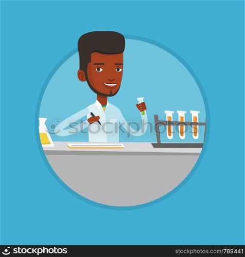 African laboratory assistant analyzing liquid in test tube. Laboratory assistant working with a test tube and taking some notes. Vector flat design illustration in the circle isolated on background.. Laboratory assistant working with test tubes.