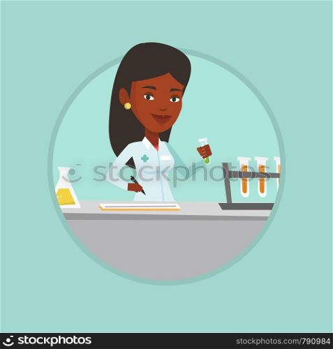 African laboratory assistant analyzing liquid in test tube. Laboratory assistant working with a test tube and taking some notes. Vector flat design illustration in the circle isolated on background.. Laboratory assistant working vector illustration.