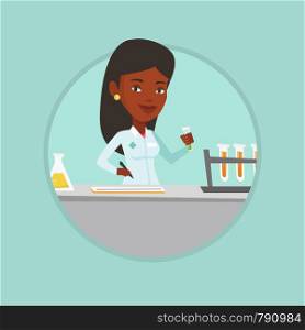 African laboratory assistant analyzing liquid in test tube. Laboratory assistant working with a test tube and taking some notes. Vector flat design illustration in the circle isolated on background.. Laboratory assistant working vector illustration.