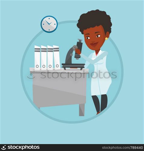 African laboratory assistant working with microscope. Scientist working at laboratory. Laboratory assistant using a microscope. Vector flat design illustration in the circle isolated on background.. Laboratory assistant with microscope.