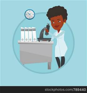 African laboratory assistant working with microscope. Scientist working at laboratory. Laboratory assistant using a microscope. Vector flat design illustration in the circle isolated on background.. Laboratory assistant with microscope.