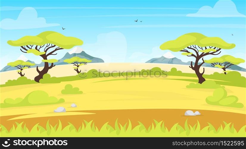 African landscape flat vector illustration. Safari panoramic land. Green savanna scene with foliage. Meadow field. Green scenery. Exortic and tropical grassland. Summer valley cartoon background