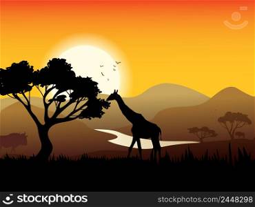 African landscape poster with acacia tree giraffe and sunset on background vector illustration. African Landscape Poster