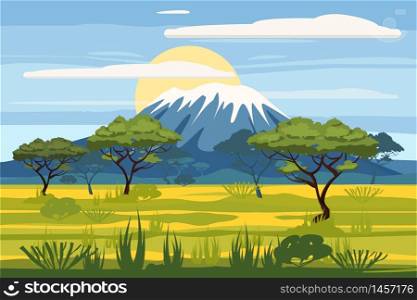 African landscape savannah wild nature. Grass, bushes, acacia trees and mountane. African landscape savannah wild nature. Grass, bushes, acacia trees and mountane. The nature of Africa. Reserves and national parks. Vector illustration isolated cartoon style