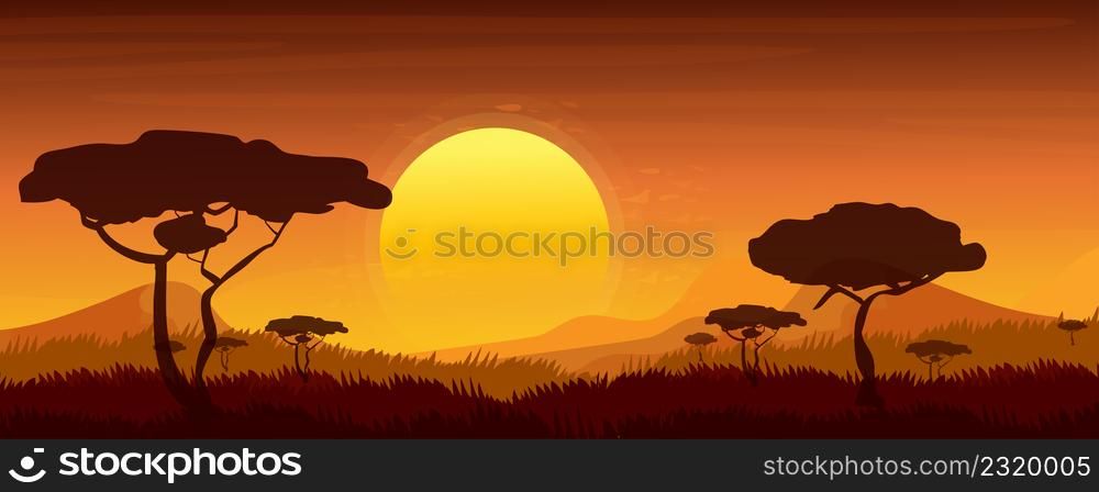 African landscape, sunset in Savannah in cartoon style. Evening with silhouette of jungle trees and mountains in horizon. Vector illustration