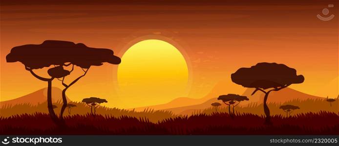 African landscape, sunset in Savannah in cartoon style. Evening with silhouette of jungle trees and mountains in horizon. Vector illustration
