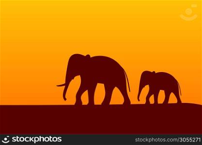 African landscape with elephants silhouette. Wildlife Background. Vector illustration. African landscape with elephants silhouette