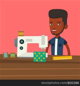 African male seamstress working in cloth factory. Male seamstress sewing on an industrial sewing machine. Seamstress using sewing machine at workshop. Vector flat design illustration. Square layout.. Seamstress using sewing machine at workshop.