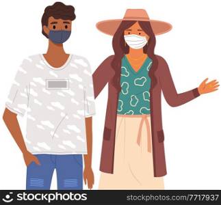 African man and woman wear medical masks. People stand together and pose vector illustration isolated on white background. Multinational characters on self-isolation during pandemic due to coronavirus. African man and woman are wearing medical masks. Multinational people on the self-isolation