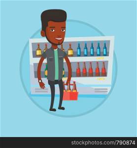 African man bying beer. Man standing in alcohol store with pack of beer on the background of refrigerator with bottles of beer. Vector flat design illustration in the circle isolated on background.. Man with pack of beer at supermarket.