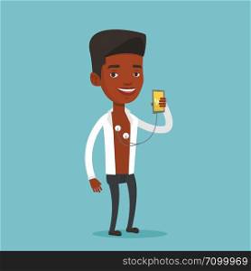 African man checking his blood pressure with smartphone application. Man taking care of his health while measuring heart rate pulse with smartphone app. Vector flat design illustration. Square layout.. Man measuring heart rate pulse with smartphone.