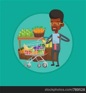 African man checking shopping list. Man holding shopping list near shopping trolley with products. Man writing in shopping list. Vector flat design illustration in the circle isolated on background.. Man with shopping list vector illustration.