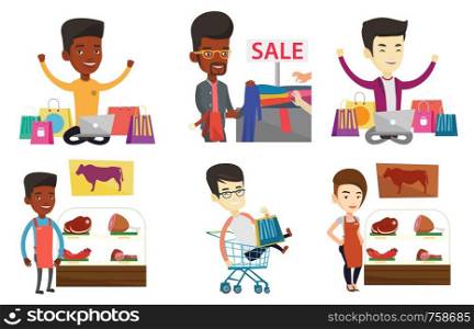 African man choosing clothes in shop on sale. Man buying clothes at the store on sale. Young man shopping in clothes shop on sale. Set of vector flat design illustrations isolated on white background.. Vector set of shopping people characters.