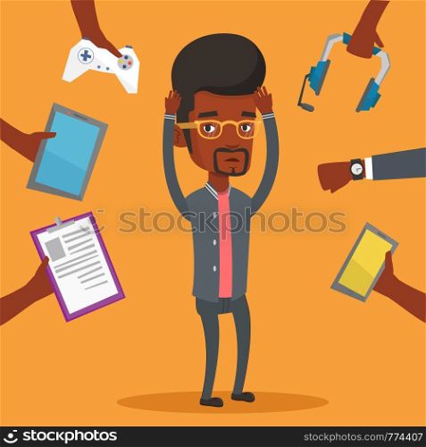 African man clutching head and many hands with modern gadgets around him. Man in despair surrounded with gadgets. Man using many electronic gadgets. Vector flat design illustration. Square layout.. Young man surrounded with his gadgets.