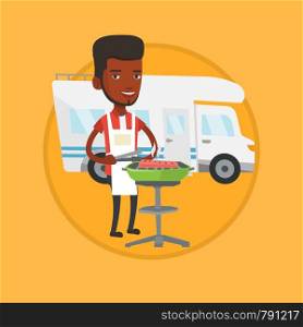 African man cooking steak on barbecue on the background of camper van. Man travelling by camper van and having barbecue party. Vector flat design illustration in the circle isolated on background.. Man having barbecue in front of camper van.