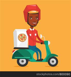 African man delivering pizza on scooter. Courier driving a motorbike and delivering pizza. Worker of delivery service of pizza. Concept of food delivery. Vector flat design illustration. Square layout. Man delivering pizza on scooter.