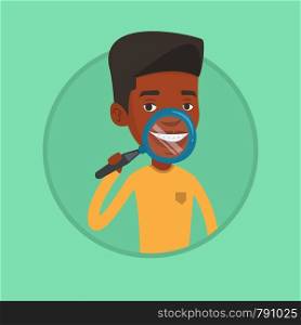 African man examining his teeth with magnifier. Man holding a magnifying glass in front of his teeth. Concept of teeth examining. Vector flat design illustration in the circle isolated on background.. Man brushing his teeth vector illustration.