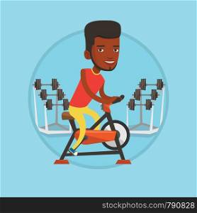 African man exercising on stationary training bicycle. Man riding stationary bicycle in the gym. Man training on exercise bicycle. Vector flat design illustration in the circle isolated on background.. Man riding stationary bicycle vector illustration.