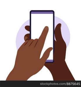 African man hand holding smartphone with blank white screen. Using mobile smart phone. Flat design concept. Vector illustration.
