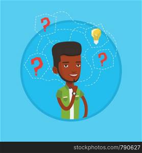 African man having business idea. Businessman standing with question marks and idea bulb above his head. Business idea concept. Vector flat design illustration in the circle isolated on background.. Man having business idea vector illustration.