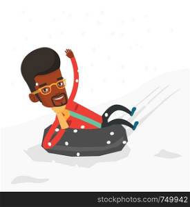 African man having fun while sledding on snow rubber tube in mountains. Man riding on snow rubber tube. Man sitting in snow rubber tube. Vector flat design illustration isolated on white background.. Man sledding on snow rubber tube in mountains.