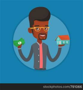 African man holding money and model of house. Man having loan for house. Man got loan for buying a house. Real estate loan concept. Vector flat design illustration in the circle isolated on background. Man buying house thanks to loan.