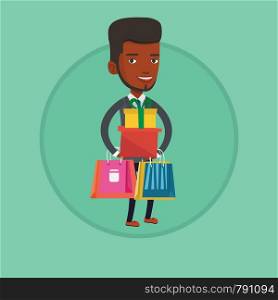 African man holding shopping bags and gift boxes. Man carrying shopping bags and boxes. Man standing with a lot of shopping bags. Vector flat design illustration in the circle isolated on background.. Happy man holding shopping bags and gift boxes.