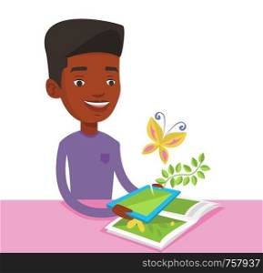 African man holding tablet computer above the book. Man looking at butterflies flying out from digital tablet. Concept of agmented reality. Vector flat design illustration isolated on white background. Augmented reality vector illustration.