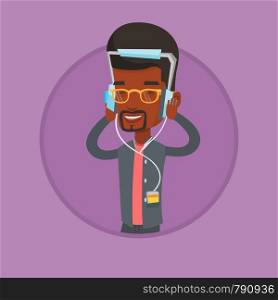 African man in headphones listening to music. Man listening to music on smartphone. Relaxed man with eyes closed enjoying music. Vector flat design illustration in the circle isolated on background.. Young man in headphones listening to music.