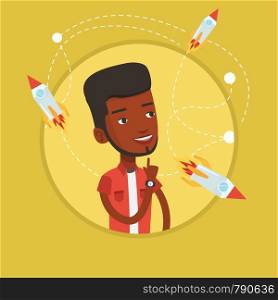 African man looking at flying business rockets. Young man came up with an idea for a business startup. Business startup concept. Vector flat design illustration in the circle isolated on background.. Business start up vector illustration.