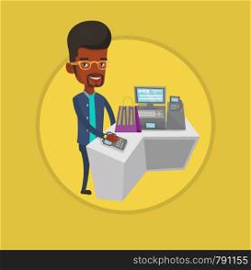 African man paying wireless with his smart watch at the checkout counter. Customer making payment for purchase with smart watch. Vector flat design illustration in the circle isolated on background.. Man paying wireless with smart watch.