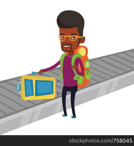 African man picking up suitcase on conveyor belt at airport. Man collecting luggage at conveyor belt. Man taking luggage at conveyor belt. Vector flat design illustration isolated on white background.. Man picking up suitcase on luggage conveyor belt