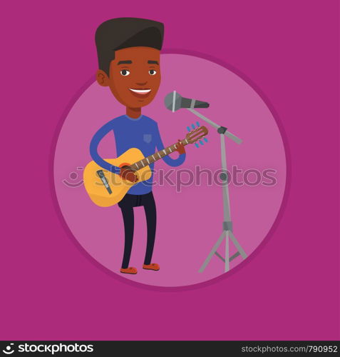 African man playing guitar. Guitar player singing song and playing an acoustic guitar. Young singer singing into a microphone. Vector flat design illustration in the circle isolated on background.. Man singing in microphone and playing guitar.