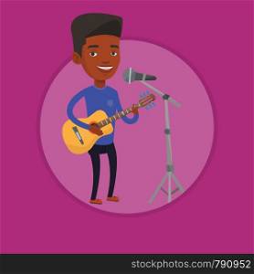 African man playing guitar. Guitar player singing song and playing an acoustic guitar. Young singer singing into a microphone. Vector flat design illustration in the circle isolated on background.. Man singing in microphone and playing guitar.