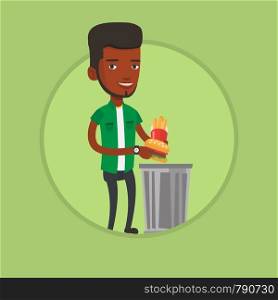 African man putting junk food into a trash bin. Man refusing to eat junk food. Man rejecting junk food. Guy throwing junk food. Vector flat design illustration in the circle isolated on background.. Man throwing junk food vector illustration.