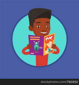 African man reading a magazine. Man standing with magazine in hands. Man holding a magazine. Happy man reading news in magazine. Vector flat design illustration in the circle isolated on background.. Man reading magazine vector illustration.