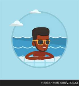 African man relaxing in swimming pool at resort. Man bathing in swimming pool. Guy relaxing in swimming pool on summer vacation. Vector flat design illustration in the circle isolated on background.. Smiling young man in swimming pool.