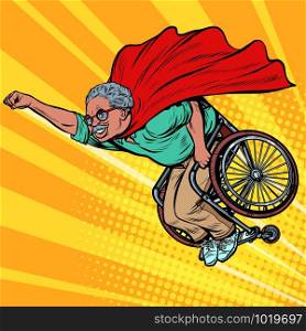 african man retired superhero disabled in a wheelchair. Health and longevity of older people. Pop art retro vector illustration drawing vintage kitsch. african man retired superhero disabled in a wheelchair. Health and longevity of older people
