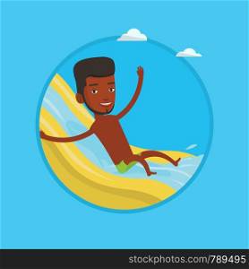 African man riding down a water slide at the aquapark. Man having fun on a water slide in waterpark. Man going down a water slide. Vector flat design illustration in the circle isolated on background.. Man riding down waterslide vector illustration.